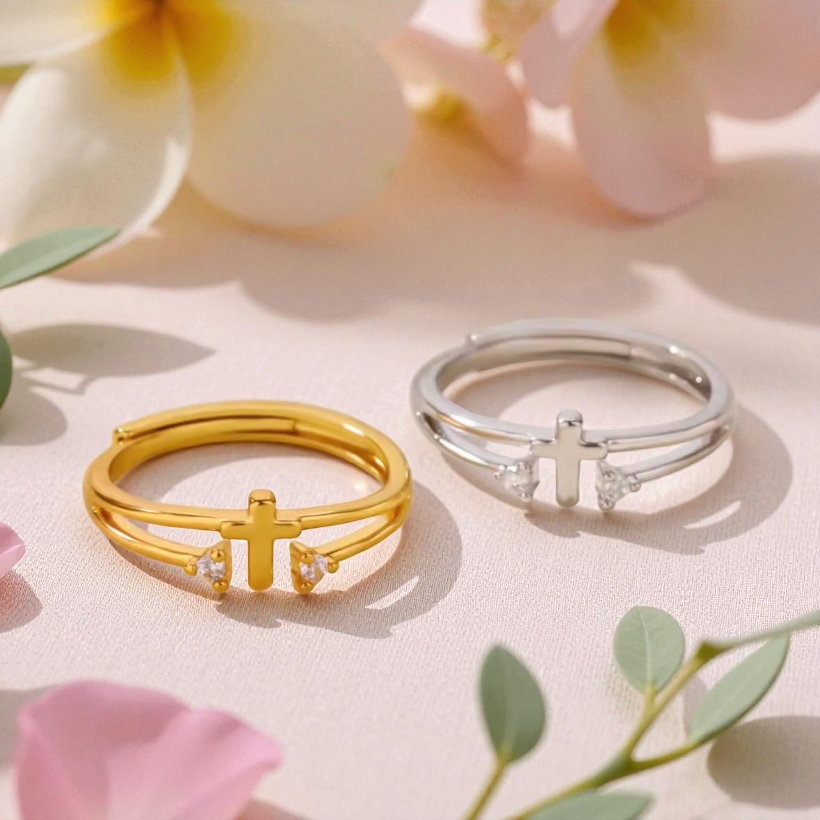 Dainty Crystal Cross Ring - Gold