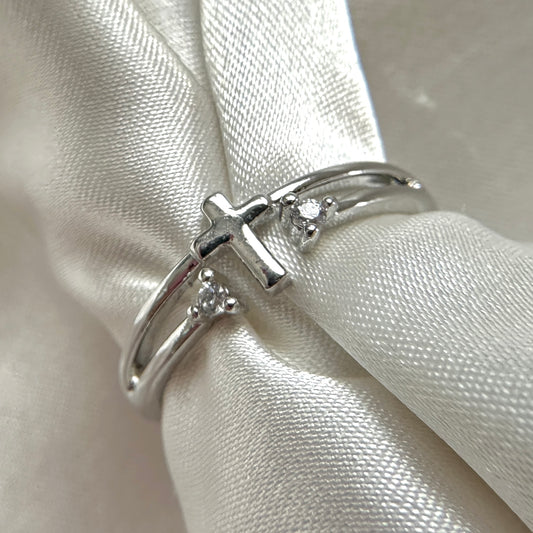 Dainty Crystal Cross Ring - Silver