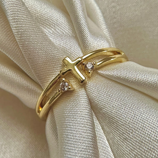 Dainty Crystal Cross Ring - Silver
