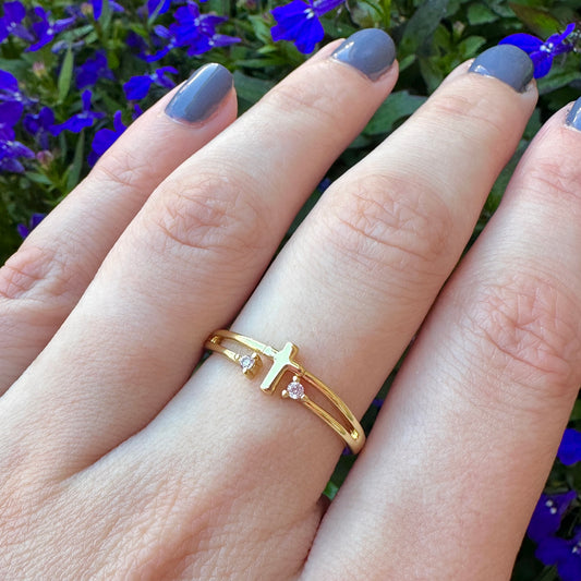 Dainty Crystal Cross Ring - Gold