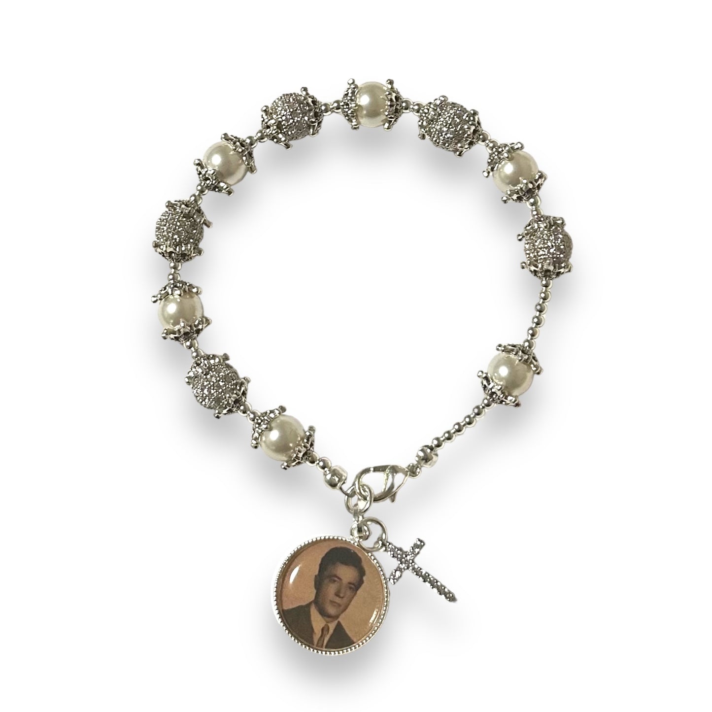 White Swarovski Pearl/Silver Pavé Photo Charm Custom Bracelet