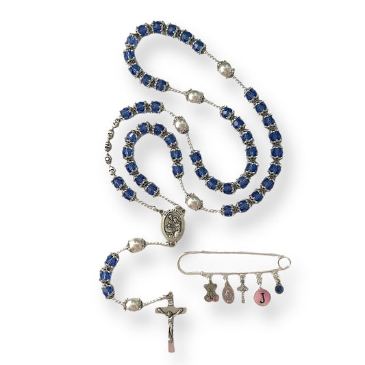 Crystal Capped Rosary + Baby Pin Silver Set