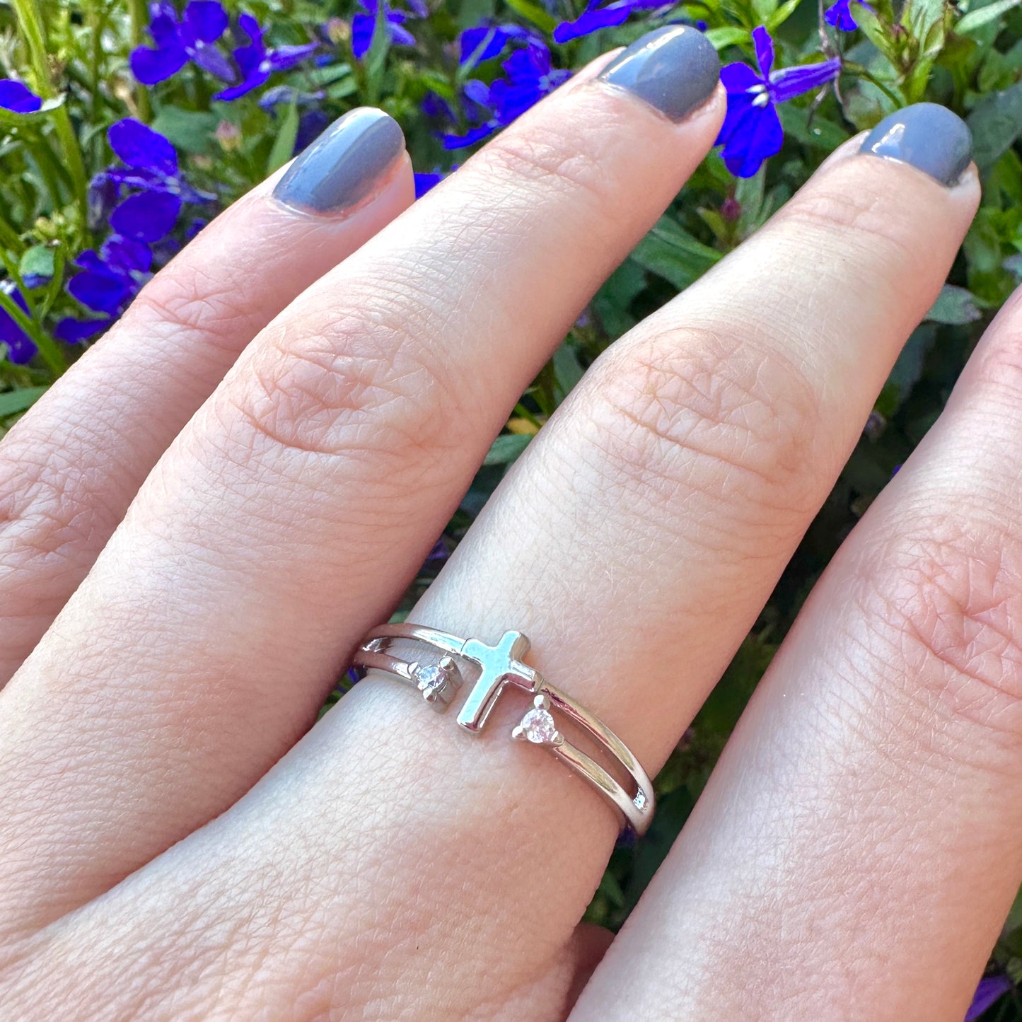 Dainty Crystal Cross Ring - Silver